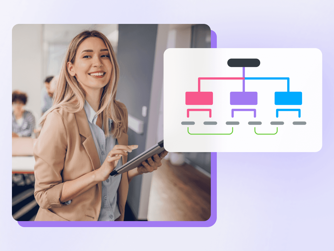 A woman makes an organizational chart with MindMeister